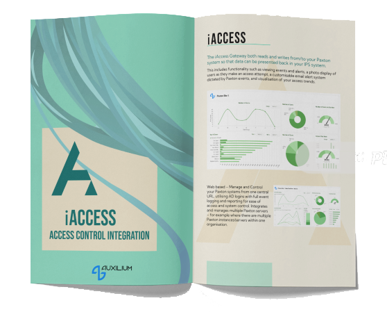 Downloadable iAccess brochure outlining product and Auxilium contact information for client onboarding.