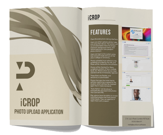 Downloadable iCrop brochure outlining product and Auxilium contact information for client onboarding.