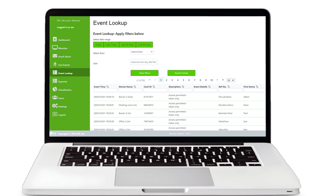 Laptop displaying iAccess event lookup dashboard