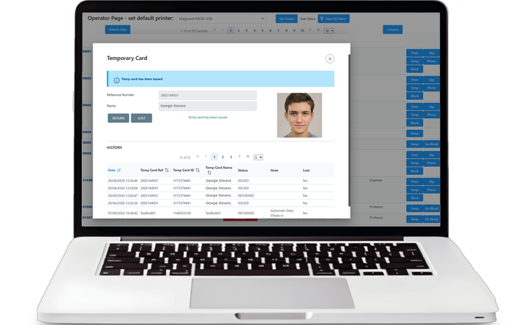 Laptop displaying iCard Temporary Card issuance and management page