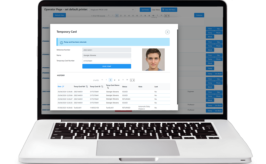 Laptop displaying iCard Temporary Card issuance and management page
