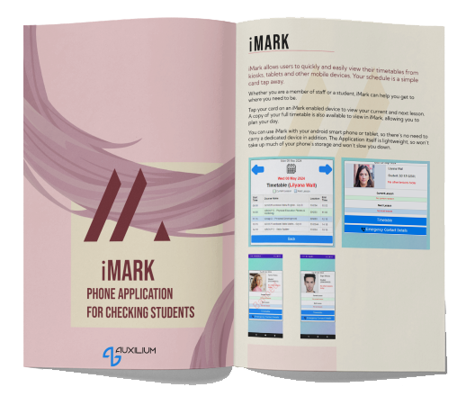 Downloadable iMark brochure outlining product and Auxilium contact information for client onboarding.