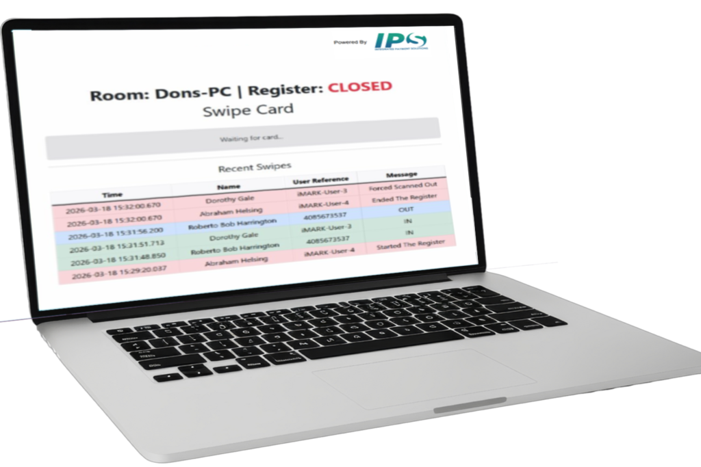 Laptop displaying iMark desktop register software for user registration and management