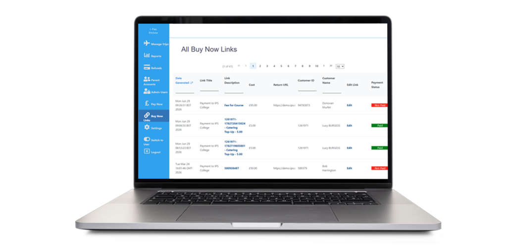 iPay admin dashboard showing all Buy Now payment links and their status