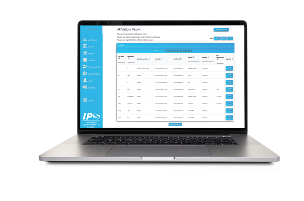 iVisit admin page on laptop showing downloadable visitor reports