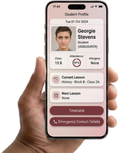 iMark app on a phone displaying student attendance and safeguarding features