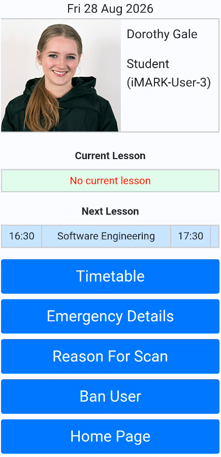 The iMark app on a phone, showing a demo student's profile with her photo, name, current and next lesson, and buttons for Timetable, Emergency Details, Reason For Scan, Ban User and Home Page.